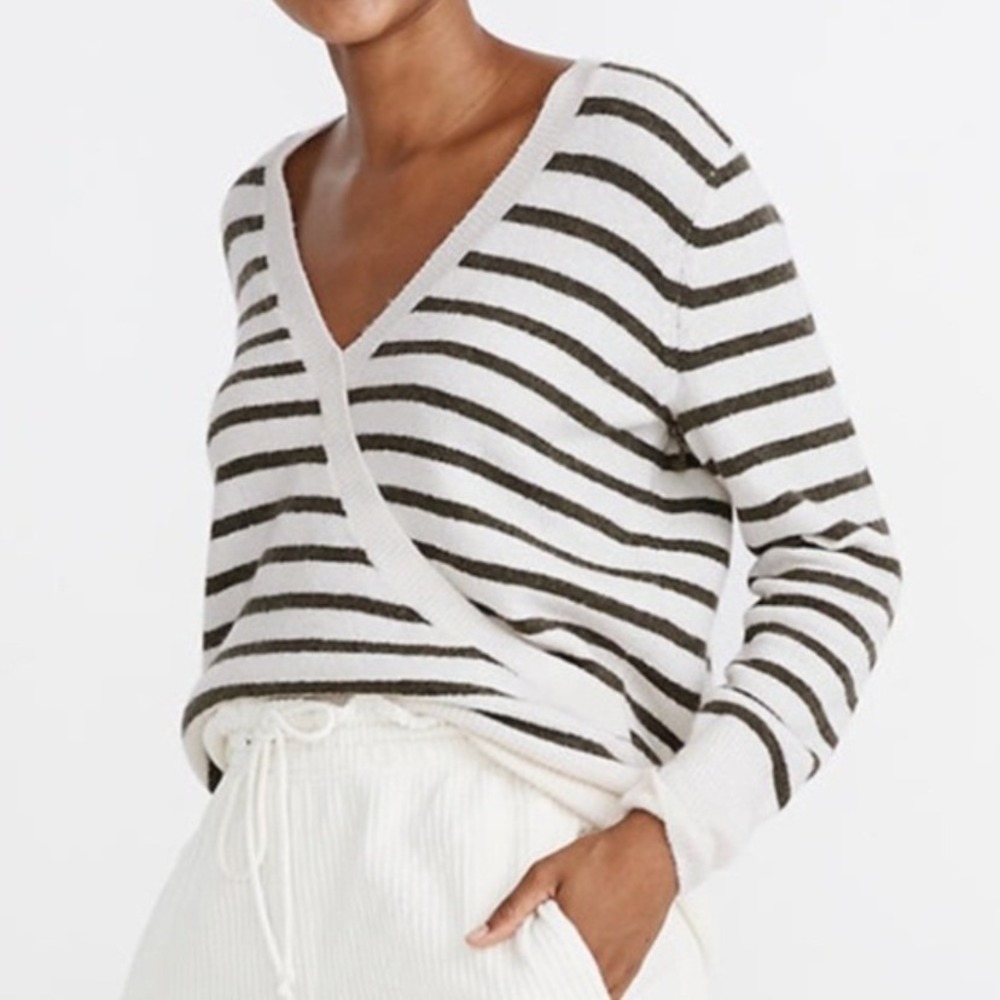 Madewell‎ Womens XL Striped Faux Wrap V-Neck Sweater Ivory Long Sleeve Soft